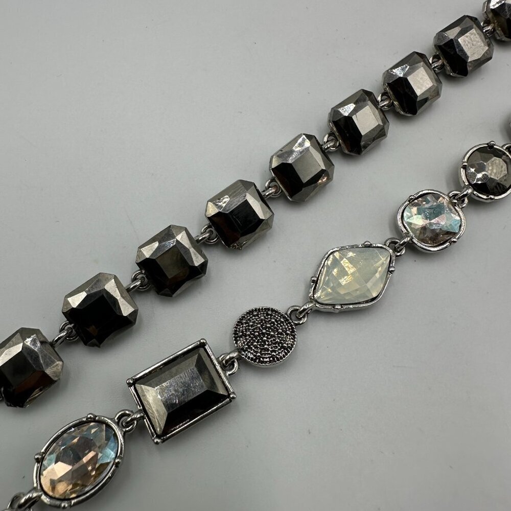 Lot of 2 Bracelets Silver Tone Faceted Rhinestone Link Adjustable Chain Clasp